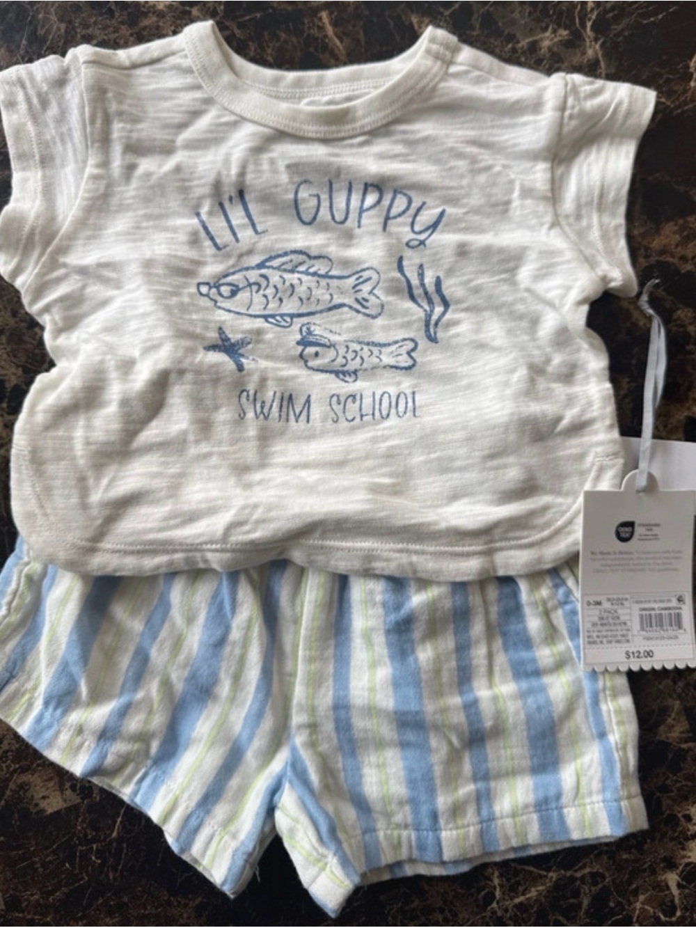cloud island White Tee with Blue Graphic and Blue-Striped Shorts